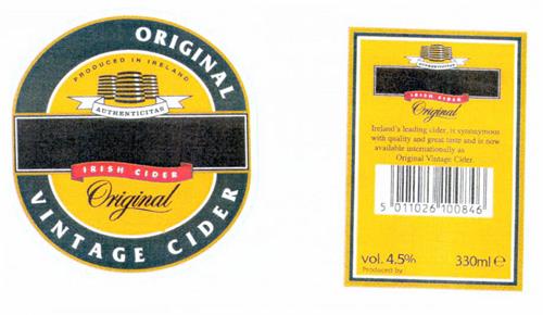 ORIGINAL VINTAGE CIDER AUTHENTICITAD IRISH CIDER trademark