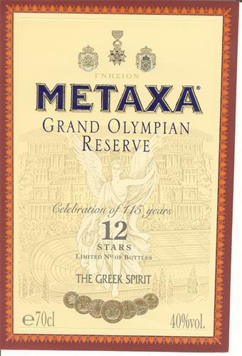 METAXA GRAND OLYMPIAN RESERVE Celebration of 115 years 12 STARS LIMITED Nº OF BOTTLES THE GREEK SPIRIT e70cl 40%vol. trademark