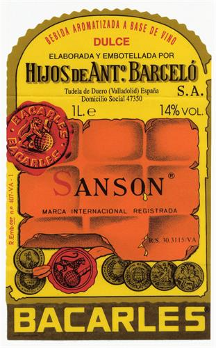 BEBIDA AROMATIZADA A BASE DE VINO DULCE ELABORADA Y EMBOTELLADA POR HIJOS DE ANTº .BARCELÓ Tudela de Duero (Valladolid) España Domicilio Social 47350 S.A. 1L.e 14% VOL. SANSON MARCA INTERNACIONAL REGISTRADA 30.3115/VA BACARLES trademark