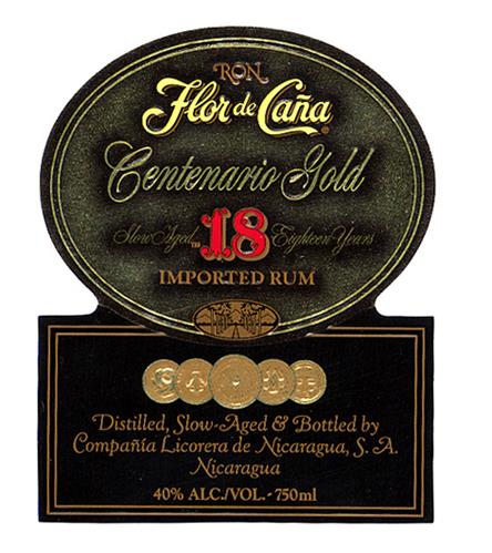 RON Flor de Caña Centenario Gold SlowAged 18 Eighteen Years IMPORTED RUM Distilled, Slow-Aged & Bottled by Compaña Licorera de Nicaragua, S.A. Nicaragua 40% ALC./VOL.-750ml trademark