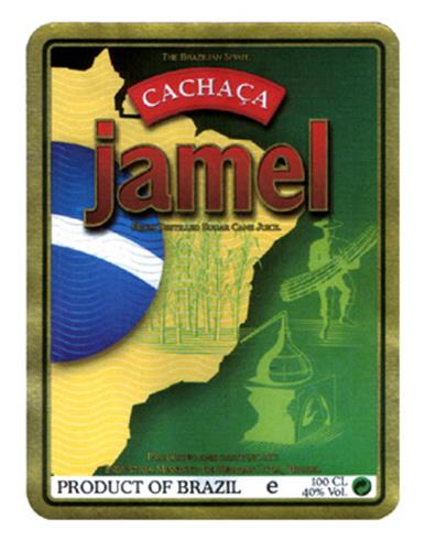 THE BRAZILIAN SPIRIT CACHAÇA jamel FROM DESTILLED SUGAR CANE JUICE PRODUCED AND BOTTLED BY: INDÚSTRIA MISSIATO DE BEBIDAS LTDA, BRAZIL PRODUCT OF BRAZIL e 100 CL. 40% Vol. trademark