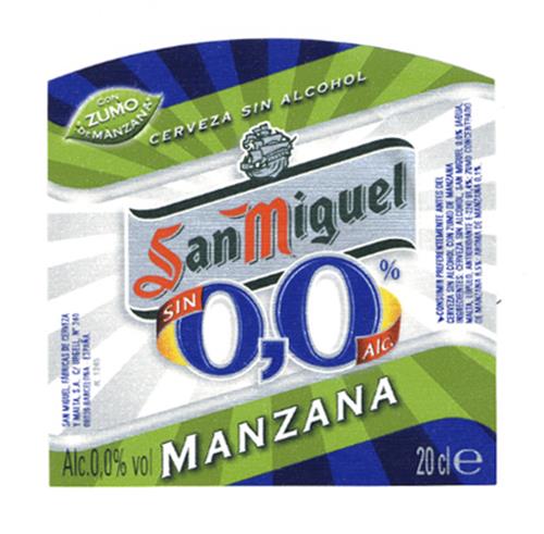 CERVEZA SIN ALCOHOL San Miguel SIN 0,0 Alc. MANZANA trademark