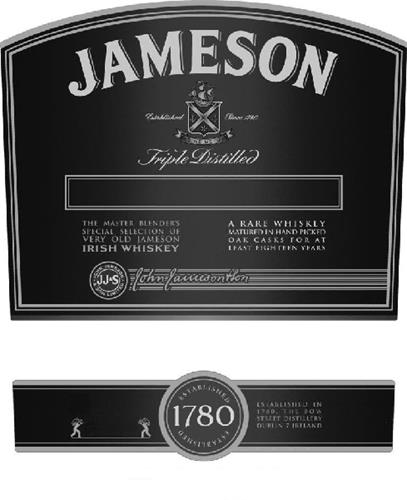 Jameson. Established since 1780. Sine Metu. The master blender's special selection of very old Jameson Irish whiskey. A rare whiskey matured in handpicked oak casks for at least eighteen years. John Jameson & Son. JJ&S. trademark