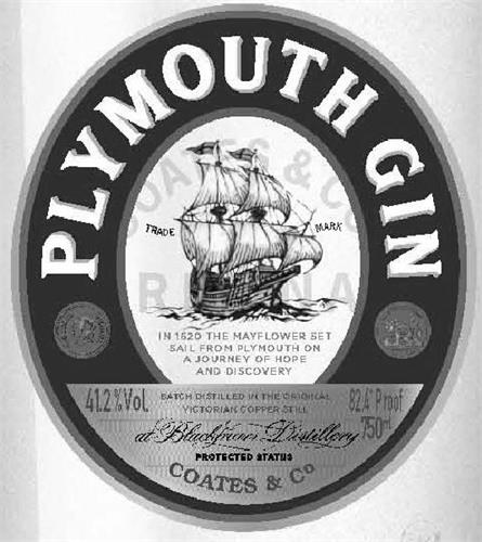 PLYMOUTH GIN, in 1620 the mayflower set sail from plymouth on a journey of hope and discovery Blackfriar's Distillery protected status Coates & Co trademark