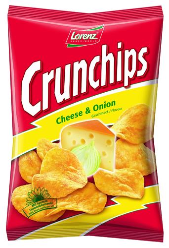 LORENZ SNACK - WORLD Crunchips Cheese & Onion Geschmack/Flavour Mit bestem Sonnenblumenöl With finest sunflower oil trademark