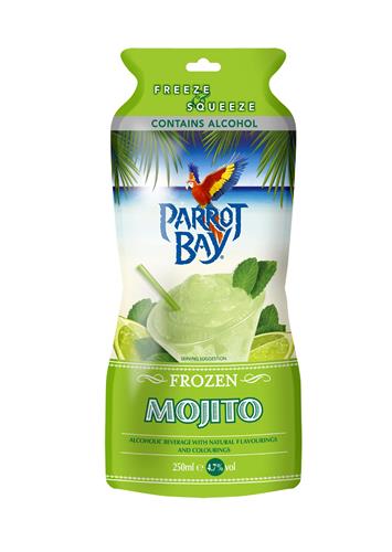 FREEZE & SQUEEZE CONTAINS ALCOHOL PARROT BAY SERVING SUGGESTION FROZEN MOJITO ALCOHOLIC BEVERAGE WITH NATURAL FLAVOURINGS AND COLOURINGS 250 ml e 4.7% vol trademark