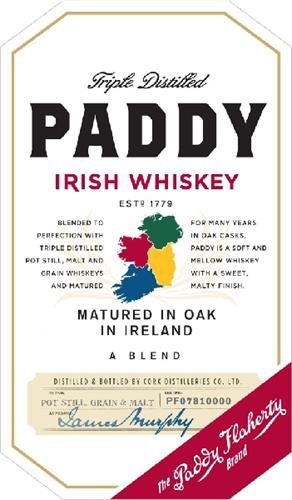 Triple Distilled PADDY IRISH WHISKEY matured in oak in Ireland a blend the Paddy Flaherty brand trademark