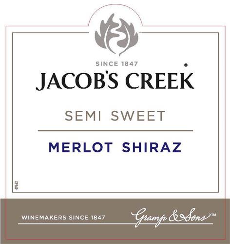 SINCE 1847 JACOB'S CREEK SEMI SWEET MERLOT SHIRAZ WINEMAKERS SINCE 1847 Gramp & Sons TM trademark