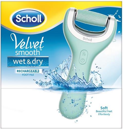 SCHOLL VELVET SMOOTH wet & dry RECHARGEABLE FOOT FILE Soft Beautiful Feet Effortlessly trademark