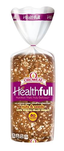 OROWEAT HEALTHFULL NUTRITION THAT'S TRULY DELICIOUS NO ARTIFICIAL COLORS, FLAVORS OR PRESERVATIVES NUTS & SEEDS 100% WHOLE GRAIN BREAD 80 CALORIES PER SLICE trademark