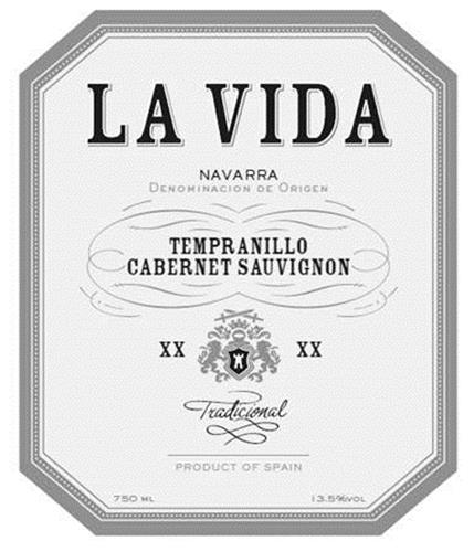 LA VIDA NAVARRA DENOMINACION DE ORIGEN TEMPRANILLO CABERNET SAUVIGNON 2013 TRADICIONAL PRODUCT OF SPAIN 750ML 13.5%VOL trademark