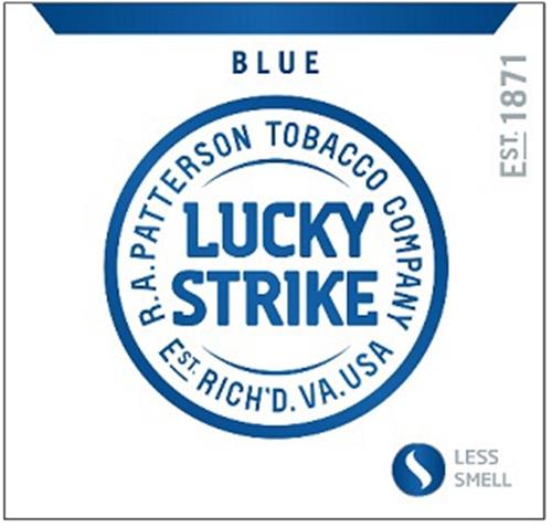 LUCKY STRIKE R.A. PATTERSON TOBACCO COMPANY EST RICH'D. V.A. USA BLUE  LESS SMELL trademark