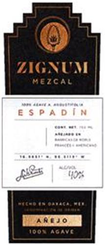 ZIGNUM MEZCAL ESPADÍN HECHO EN OAXACA, MEX. AÑEJO 100% AGAVE trademark