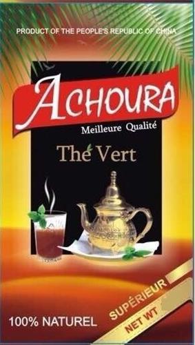 PRODUCT OF THE PEOPLE'S REPUBLIC OF CHINA ACHOURA MEILLEURE QUALITÉ THÉ VERT 100% NATUREL SUPÉRIEUR NET WT trademark