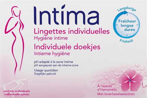 Intìma Lingettes individuelles Hygiène intime Individuele doekjes Intieme hygiëne pH adapté à la zone intime pH aangepast aan de intieme zone Usage quotidien Dagelijks gebruik sachets individuels individuele zakjes À l’extrait d’Hamamélis Met toverhazelaarextract Langdurige Fraîcheur longue durée Frisheid trademark