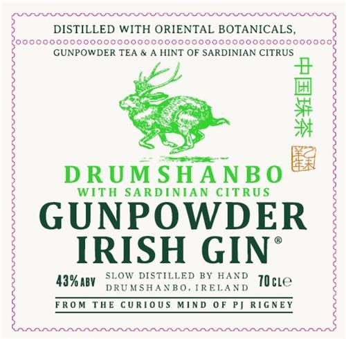 DISTILLED WITH ORIENTAL BOTANICALS, GUNPOWDER TEA & A HINT OF SARDINIAN CITRUS DRUMSHANBO WITH SARDINIAN CITRUS GUNPOWDER IRISH GIN SLOW DISTILLED BY HAND DRUMSHANBO, IRELAND FROM THE CURIOUS MIND OF PJ RIGNEY trademark