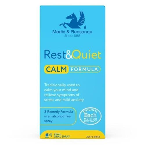 REST Q QUIET CALM FORMULA MARTIN & PLEASANCE SINCE 1855 TRADITIONALLY USED TO CALM YOUR MIND AND RELIEVE SYMPTOMS OF STRESS AND MILD ANXIETY 8 REMEDY FORMULA IN AN ALCOHOL FREE SPRAY ORIGINAL BACH METHOD POTENCY trademark