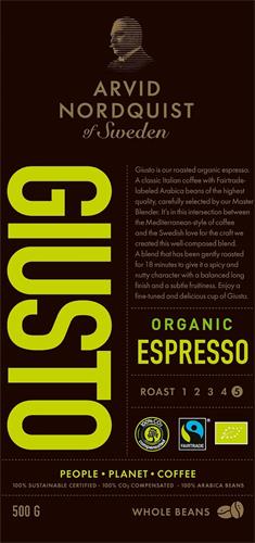 ARVID NORDQUIST OF SWEDEN GIUSTO ORGANIC ESPRESSO trademark