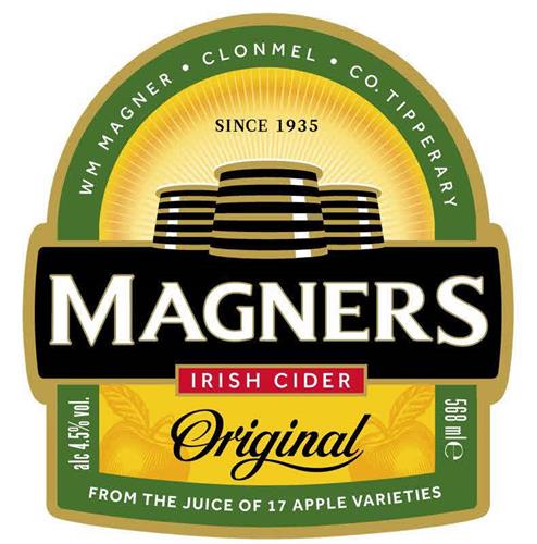 MAGNERS IRISH CIDER WM MAGNER CLONMEL CO. TIPPERARY SINCE 1935 568 ML ℮ ALC 4.5% VOL. ORIGINAL FROM THE JUICE OF 17 APPLE VARIETIES trademark