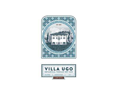 VILLA UGO  Botanical Tuscan Dry Gin Cortona Est 1890  Made in Italy  40,4% Vol  1L e trademark