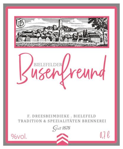 15 finde SE ES BIELEFELDER Busenfreund % vol . F. DREESBEIMDIEKE . BIELEFELD TRADITION & SPEZIALITÄTEN BRENNEREI Seit 1878 0,7 l trademark