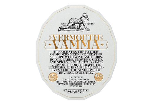 VERMOUTH VAMMA EST 420 BC HIPPOCRATES THE FATHER OF MODERN MEDICINE CREATED A RECIPE WITH WINE AND HERBS, ROOTS, BARKS, FLOWERS, SEEDS AND SPICES, SIMILAR TO TODAY'S VERMOUTH FOR THERAPEUTIC PURPOSES. IT IS SAID THAT COULD EVEN CURE THE SYNDROME OF "REVERSE EVOLUTION" I.E. PEOPLE WHO WALKED FOUR. LIKE HOME VILLOSUS MANUGRADUS DRAWN BY CHRISTOPH LEDERLEIN IN 1550 AD 17 PERCENT ALC 750 ML VOL trademark