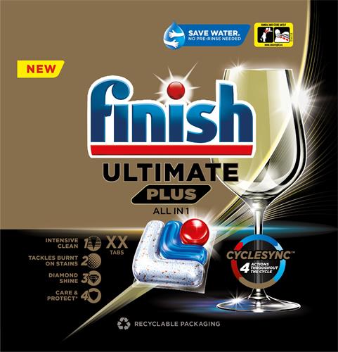 NEW FINISH ULTIMATE PLUS ALL IN 1 SAVE WATER NO PRE-RINSE NEEDED HANDLE AND STORE SAFELY WWW.CLEANRIGHT.EU A.I.S.E INTENSIVE CLEAN 1 TACKLES BURNT ON STAINS 2 DIAMOND SHINE 3 CARE & PROTECT* 4 XX TABS CYCLESYNC 4 ACTIONS THROUGHOUT THE CYCLE trademark