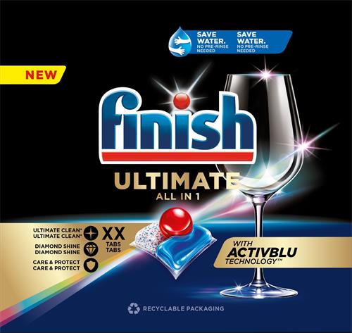 NEW FINISH ULTIMATE ALL IN 1 SAVE WATER NO PRE-RINSE NEEDED SAVE WATER NO PRE-RINSE NEEDED ULTIMATE CLEAN* ULTIMATE CLEAN* DIAMOND SHINE DIAMOND SHINE CARE & PROTECT CARE & PROTECT XX TABS TABS WITH ACTIVBLU TECHNOLOGY RECYCLABLE PACKAGING trademark