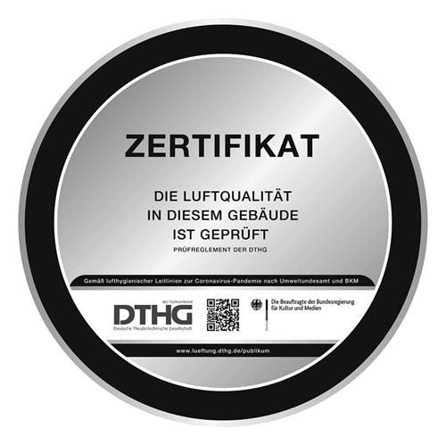 ZERTIFIKAT - DIE LUFTQUALITÄT IN DIESEM GEBÄUDE IST GEPRÜFT - PRÜFREGLEMENT DER DTHG trademark