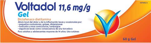 Voltadol 11,6 mg/g Gel Diclofenaco dietilamina Alivio local del dolor y de la inflamación leves y ocasionales por: pequeñas contusiones, golpes, distensiones  tortícolis u otras contracturas, lumbalgias  esguinces leves como consecuencia de una torce trademark