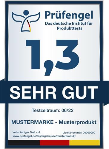 Prüfengel Das deutsche Institut für Produkttests 1,3 SEHR GUT Testzeitraum: 06/22 MUSTERMARKE - Musterprodukt trademark