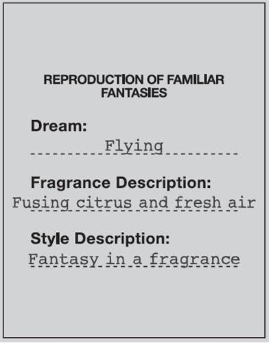 REPRODUCTION OF FAMILIAR FANTASIES Dream : Flying Fragrance Description : Fusing citrus and fresh air Style Description : Fantasy in a fragrance trademark