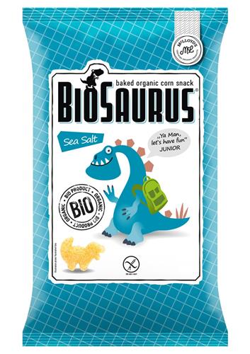 BIOSAURUS baked organic corn snack Sea Salt Ya Man, let's have fun JUNIOR BIO PRODUCT BIO trademark