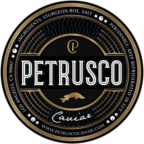 P PETRUSCO CAVIAR INGREDIENTS: STURGEON ROE, SALT PERISHABLE: KEEP REFRIGERATED 28-32ºF WWW.PETRUSCOCAVIAR.COM LOS ANGELES, CA 90067 trademark